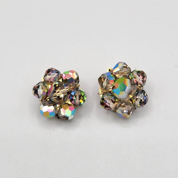 Colorful AB Aurora Borealis Beaded Small Clip On Earrings Gold Tone Vtg - Picture 3 of 6